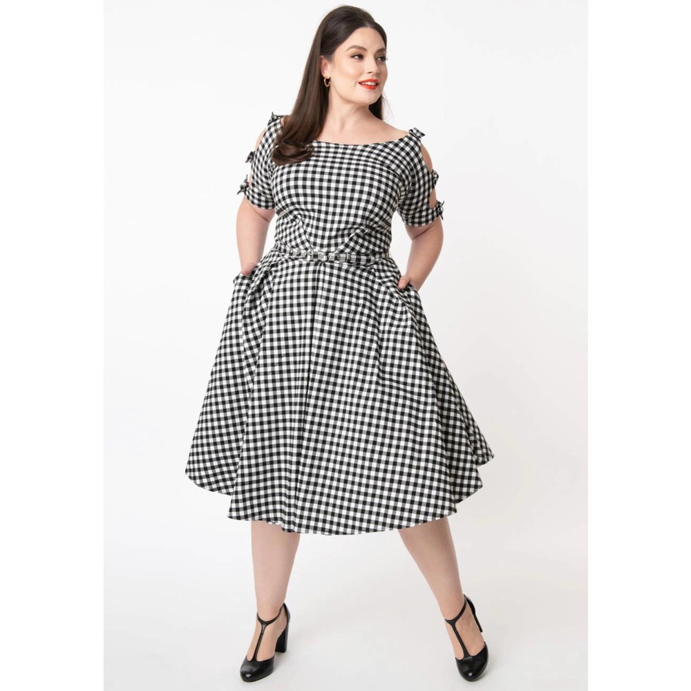 Unique Vintage 1960s Black White Gingham Selma Swing Dress Plus Size 3X 20 Retro